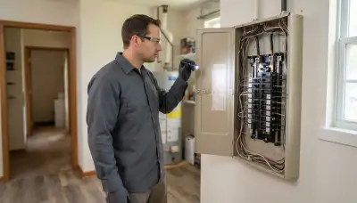 Electrician performing a whole-home electrical inspection at a Sandston, VA breaker panel