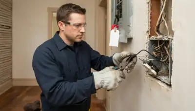 Richmond, VA electrician replacing scorched wiring and a failed device in a locked-off junction box