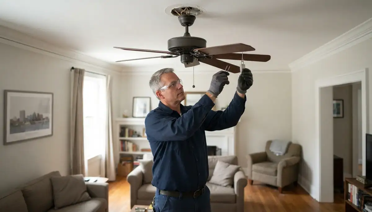 Richmond, VA electrician balances a ceiling fan blade with a clip-on weight during repair